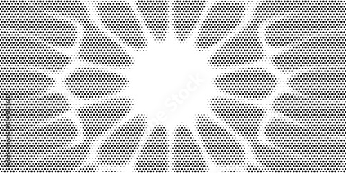 Black radial halftone circles. Dotted sound wave rings. Stippled epicenter, target, radar icon concept. Ripple concentric signal vibration element. Vector round dashed and dotted