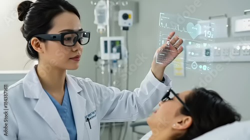 Doctor using augmented reality glasses to interact with patient data in a modern hospital room