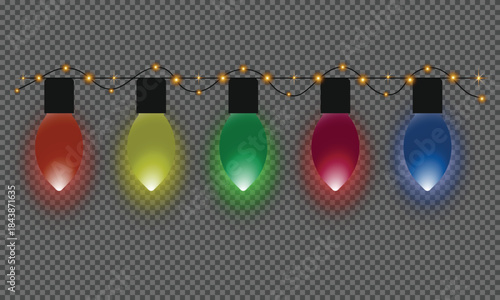 Colorful christmas lights string on transparent background