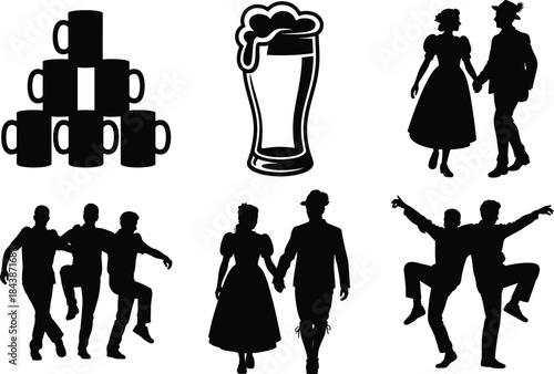 Traditional Oktoberfest Silhouette Clipart SVG Bundle Design. German Festival Graphics. Beer, Pretzel & Bavarian Vector. 