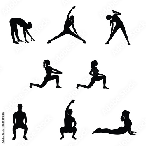 Silhouettes of people performing various dynamic stretching and exercise poses