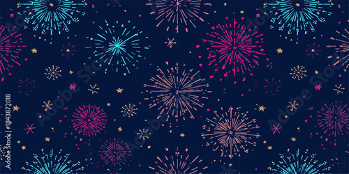Seamless vector pattern with fireworks celebrating the New Year holiday night sky