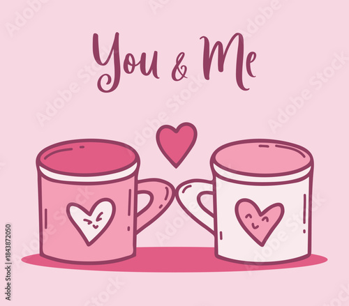 Cute Pink Two Mugs With Heart. Hand Drawn Doodle. Vector Illustration. Romantic Valentines Day Design Element. Not AI
