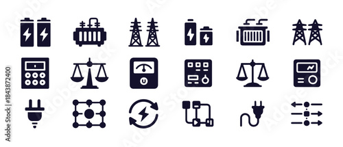 Set of electrical and energy icons including battery, transformer, power lines, and calculator