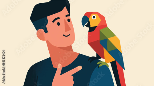 Illustration Of Person Teaching A Parrot To Talk, With The Parrot Perched On Their Shoulder, Head Tilted Curiously Vector Design Template