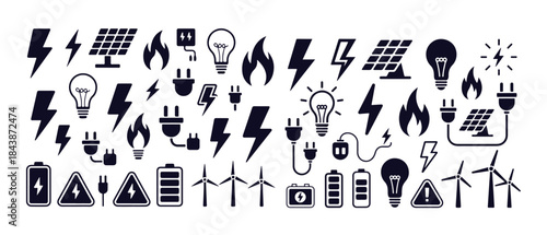 Large collection of energy and electricity icons including lightning, solar panel, and lightbulb
