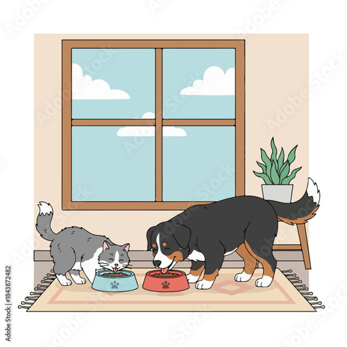 Pets Sharing a Meal