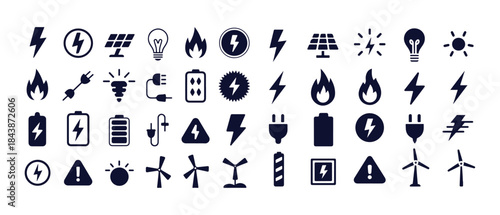 Electricity power and energy icons set. thunderbolt, solar panel, light bulb, fire, battery, wind turbine