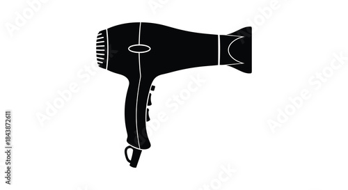 A sleek modern hair dryer design presented in a striking black and white silhouette