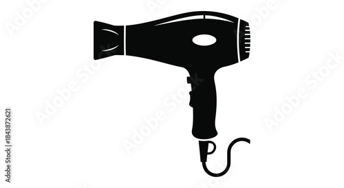 A striking black and white illustration of a hair dryer with a cord a clean silhouette