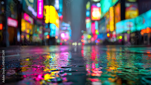 Wet city street at night with neon lights reflecting on pavement