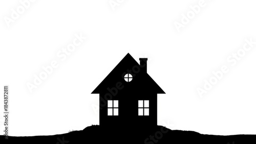 Black silhouette of a house on a hill with chimney and windows