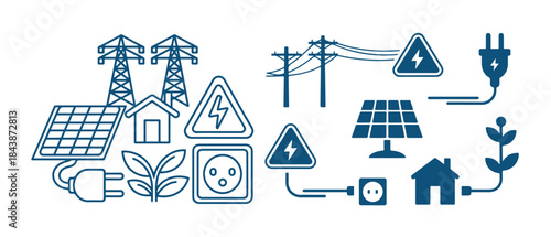 Power transmission and renewable energy line art icons illustrating electricity infrastructure homes plants
