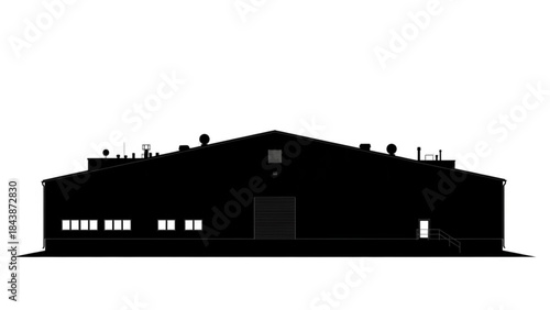 A large industrial building silhouette with windows and a door on a