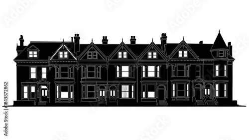 Black silhouette of a large victorianstyle house with multiple gables and chimneys