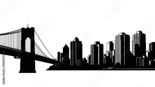 Black silhouette of a suspension bridge and city skyline with urban landscape