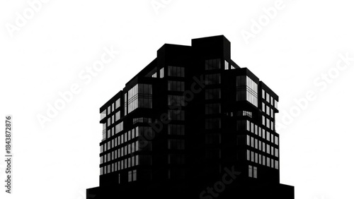 A sleek black silhouette of a modern highrise building with many windows and balconies