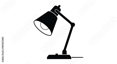 A simple black desk lamp with a rounded shade is shown in a striking silhouette