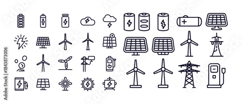 Clean energy and alternative power line icons, renewable resources, ecology and environment symbols