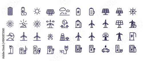 Clean energy and alternative power line icons, renewable resources, ecology and environment symbols