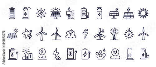 Clean energy and alternative power line icons, renewable resources, ecology and environment symbols