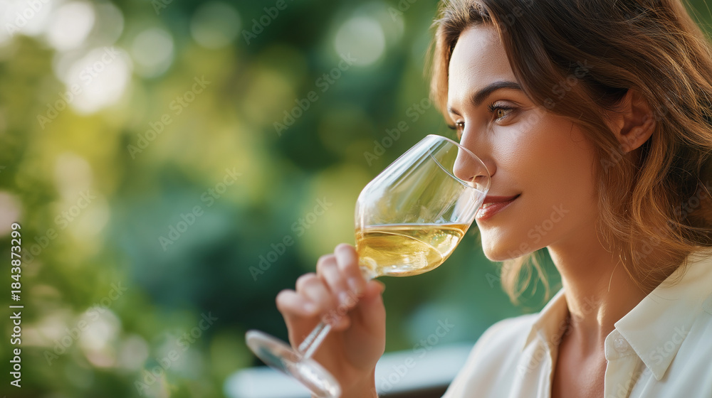 Fototapeta premium Faceless beautiful young woman drinking wine outdoors social moment elegant beverage enjoyment luxury lifestyle experience sophisticated leisure activity defocused natural bac