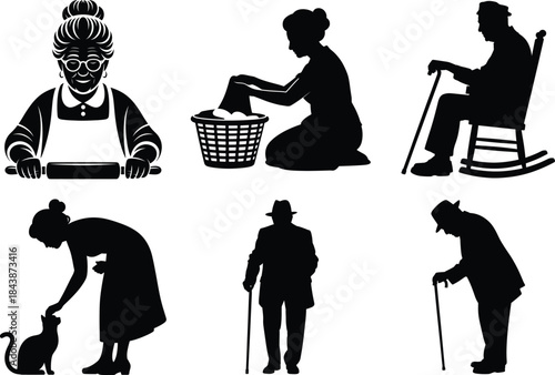 Happy Grandparents Silhouette with Grandchildren Vector Illustration. Elderly Couple, Grandparents Day, Senior Couple Design. Loving Grandma and Grandpa Family Design. Warm Family Moment Illustration.