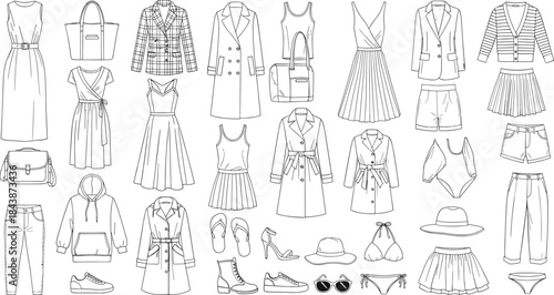 Women's fashion items, dresses, skirts, jackets, coats, tops, pants, shorts, swimsuits, shoes, bags