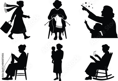 Happy Grandparents Silhouette with Grandchildren Vector Illustration. Elderly Couple, Grandparents Day, Senior Couple Design. Loving Grandma and Grandpa Family Design. Warm Family Moment Illustration.