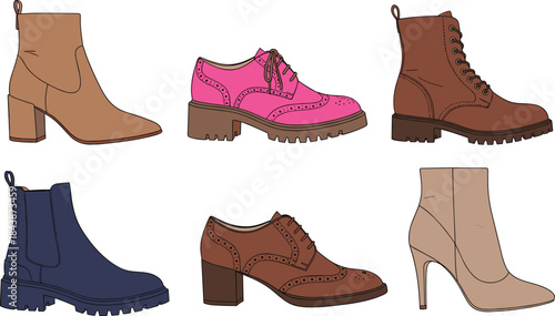 fashion footwear, stylish boots, dress shoes, heeled ankle boots, brogue style, trendy design, shoe collection, flat vector illustration