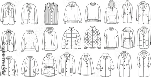 outerwear collection, jacket sketches, coat line art, hoodie drawing, fashion design, garment set, technical illustration, flat vector illustration