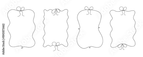 Hand-drawn frames doodle set with bows and wavy lines. Vintage whimsical vector borders for wedding invitation, birthday, print, greeting cards