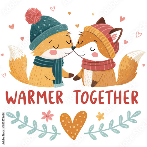 Cozy Winter Romance: Two endearing fox characters, bundled in warm winter attire, share a tender moment, emphasizing connection, creating a charming display of affection.
