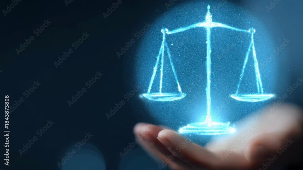 custom made wallpaper toronto digitalFuturistic glowing justice scale floating above an open human hand, digital style on a dark background, symbolizing law and legal technology