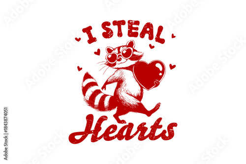 Schilderij op canvas I Steal Hearts, Cute Raccoon Bandit Valentine's Day Sublimation Design