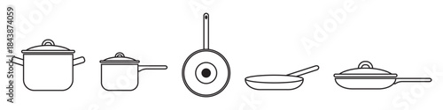 Saucepan and frying pan line icon set isolated on a transparent background. Simple cookware symbols for cooking and kitchen design. Clean outline style with editable stroke.