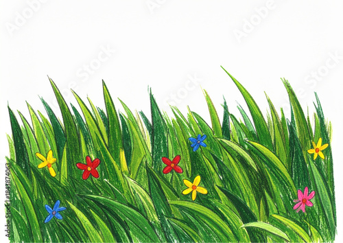 A vibrant summer meadow landscape featuring lush green grass and red poppy blossoms under a clear blue sky during the spring season