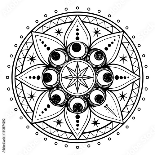 Intricate black and white vector design of a celestial mandala, featuring mystical moons and shining stars within a spiritual geometric pattern, perfect for decorative art and bohemian aesthetics