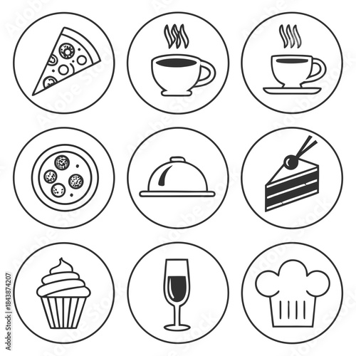 Versatile collection of monochrome vector line art food and drink icons in a vintage badge logo style, ideal for restaurant menus and cafe branding projects