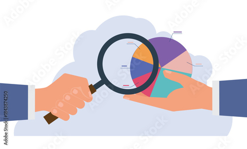 Hands analyzing pie chart. Income and savings analysis, budget allocation control, teamwork increasing investment portfolio, partnership distribution of investment share
