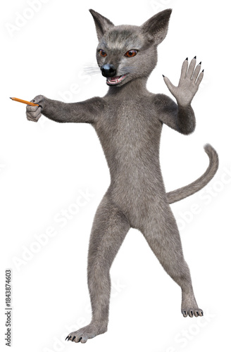 A gray anthropomorphic mouse waves his magic pencil wand pointing it forward. 3d rendering on transparent background, no AI used
