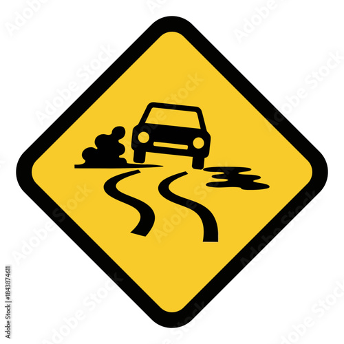 Slippery Road Warning Sign Icon Car Skidding on Wet or Icy Winding Path Danger Alert Symbol