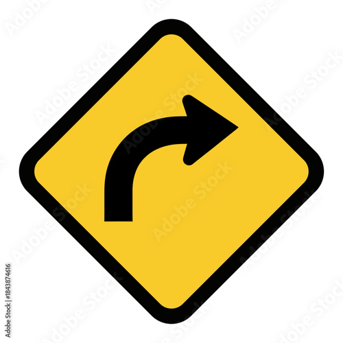 Yellow diamond road sign with a black arrow indicating a right turn ahead warning drivers of a curve in the road