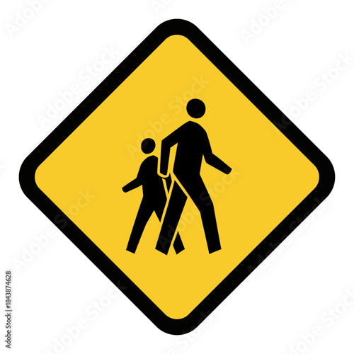 Yellow Diamond Pedestrian Crossing Warning Sign with Silhouette of Adult and Child Walking