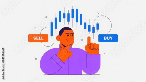 An illustration of a person analyzing stock charts, contemplating a Buy or Sell decision