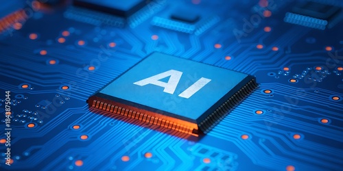 AI microchip on a circuit board with orange lights