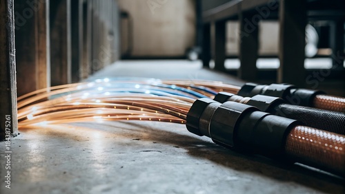 copper tubes with black fittings on concrete floor in industrial setting