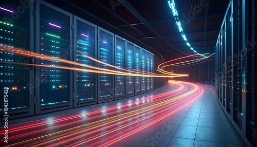 data center with glowing servers and colorful light trails