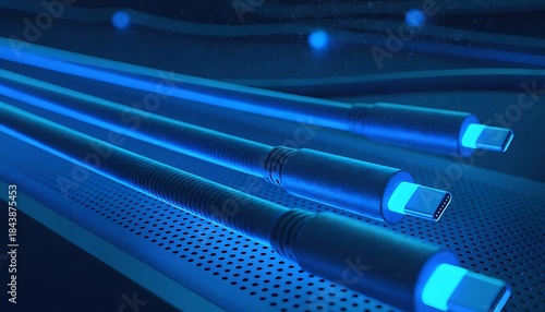 glowing blue usb cables on perforated metal surface