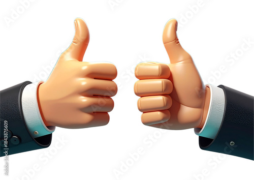A businessman in a professional suit makes a thumbs up gesture with his hand as a symbol of success and business agreement